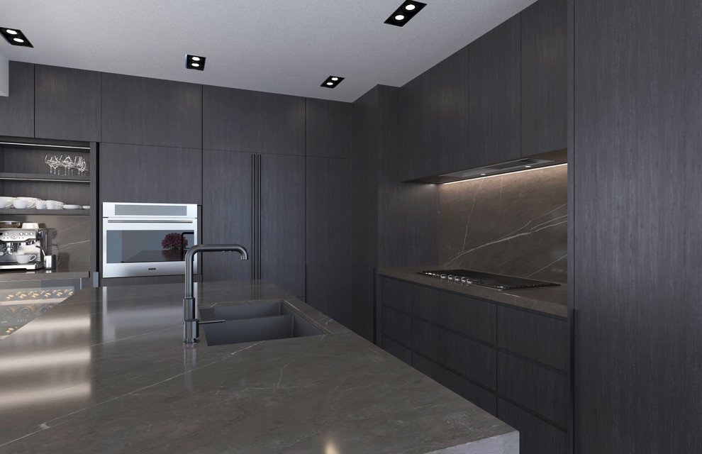 Inspiration for a medium sized modern l-shaped kitchen/diner in Montreal with a submerged sink, flat-panel cabinets, black cabinets, marble worktops, grey splashback, marble splashback, integrated appliances, marble flooring, an island, grey floors and grey worktops.