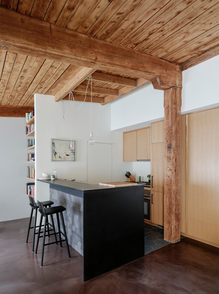 Immagine di una piccola cucina contemporanea con ante lisce, ante in legno chiaro, top in zinco, elettrodomestici in acciaio inossidabile, pavimento in cemento e lavello sottopiano