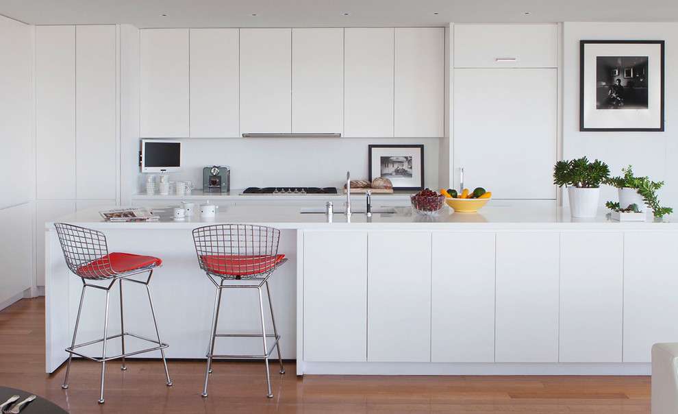 Foto di una cucina minimal con lavello sottopiano, ante lisce, ante bianche, elettrodomestici da incasso, pavimento in legno massello medio e pavimento marrone
