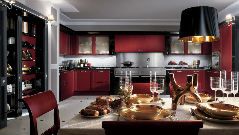 Eat-in kitchen - large u-shaped ceramic tile eat-in kitchen idea in Melbourne with a double-bowl sink, raised-panel cabinets, red cabinets, quartz countertops, stainless steel appliances and two islands