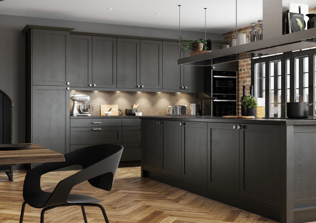 Graphite-painted Island with Suspended Shelf which houses the Extractor  Fan. - Contemporary - Kitchen - Other - by Oliver Green Kitchens Ltd | Houzz