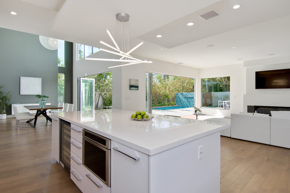 Immagine di una grande cucina ad ambiente unico design con elettrodomestici in acciaio inossidabile e pavimento in legno massello medio