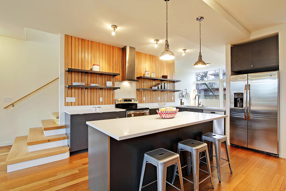 Contemporary kitchen in Seattle with flat-panel cabinets and stainless steel appliances.