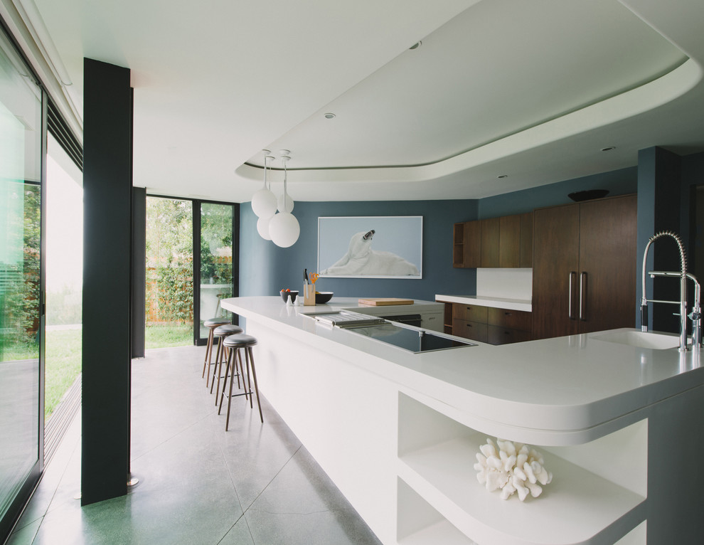 Modelo de cocina moderna con fregadero integrado, armarios con paneles lisos, puertas de armario de madera en tonos medios y electrodomésticos con paneles