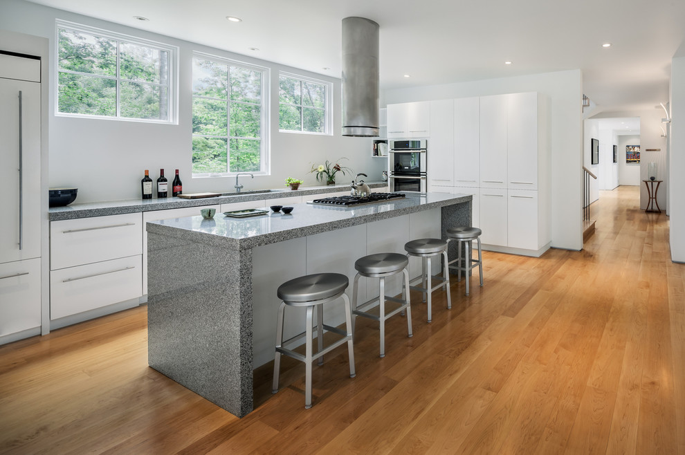 Große Moderne Küche in grau-weiß in L-Form mit flächenbündigen Schrankfronten, weißen Schränken, Granit-Arbeitsplatte, Küchengeräten aus Edelstahl, braunem Holzboden und Kücheninsel in Washington, D.C.