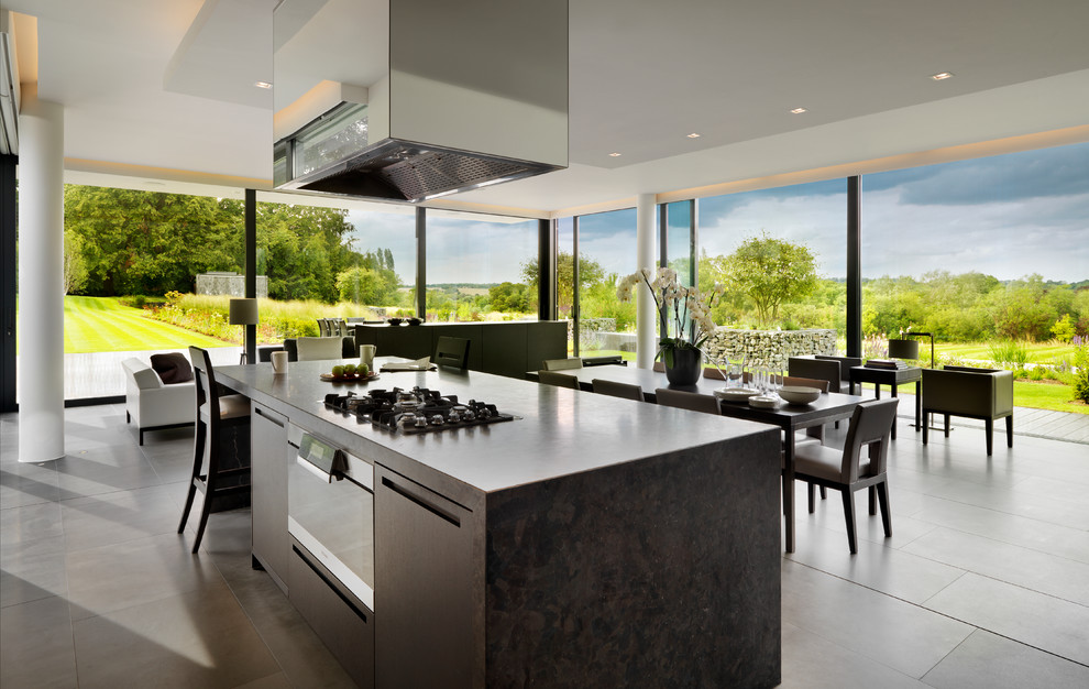 Идея дизайна: кухня-гостиная в стиле модернизм с плоскими фасадами