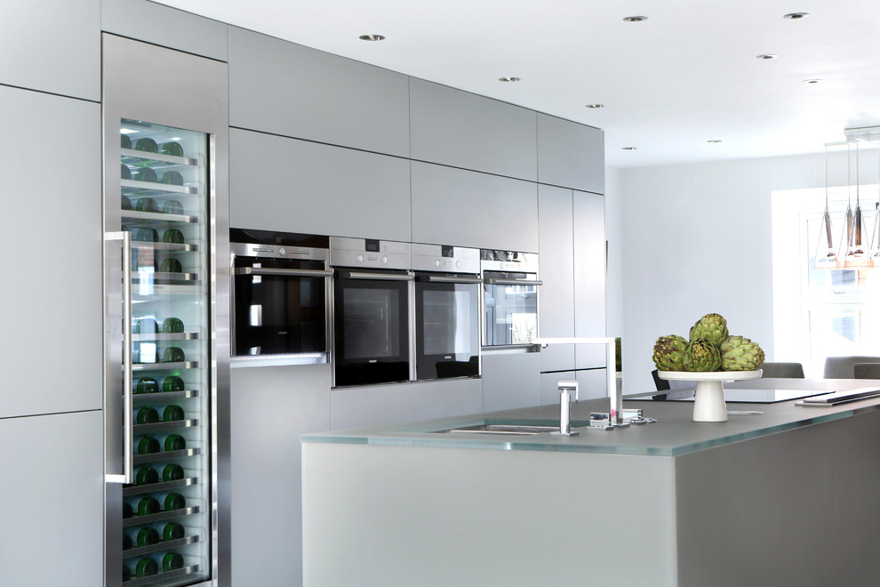 Cette photo montre une cuisine tendance avec un évier 2 bacs, un placard à porte plane, des portes de placard grises, un plan de travail en verre, un électroménager en acier inoxydable et îlot.