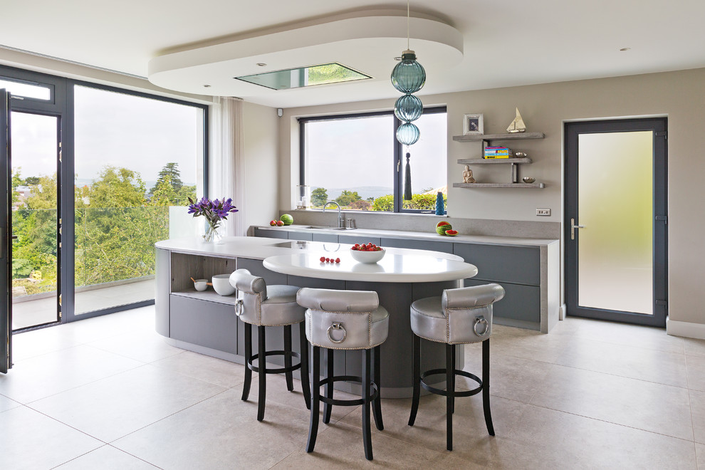 Cette image montre une cuisine parallèle design avec des portes de placard grises et îlot.