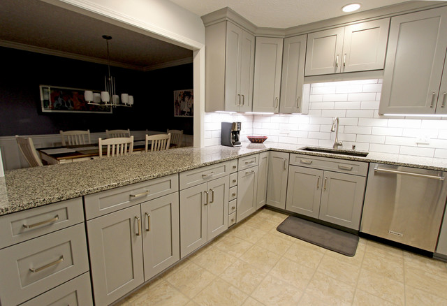 Grey Kitchen With White Subway Tile, Grey Cabinets With White Subway Tile Backsplash
