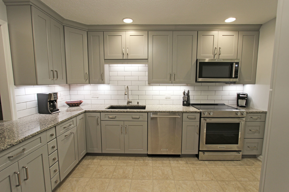 Grey Kitchen With White Subway Tile Backsplash And Granite Countertops Copley Fusion Cleveland By Cabinet S Top Houzz Grey Kitchen With White Subway Tile, Grey Kitchen Cabinets With Subway Tile Backsplash