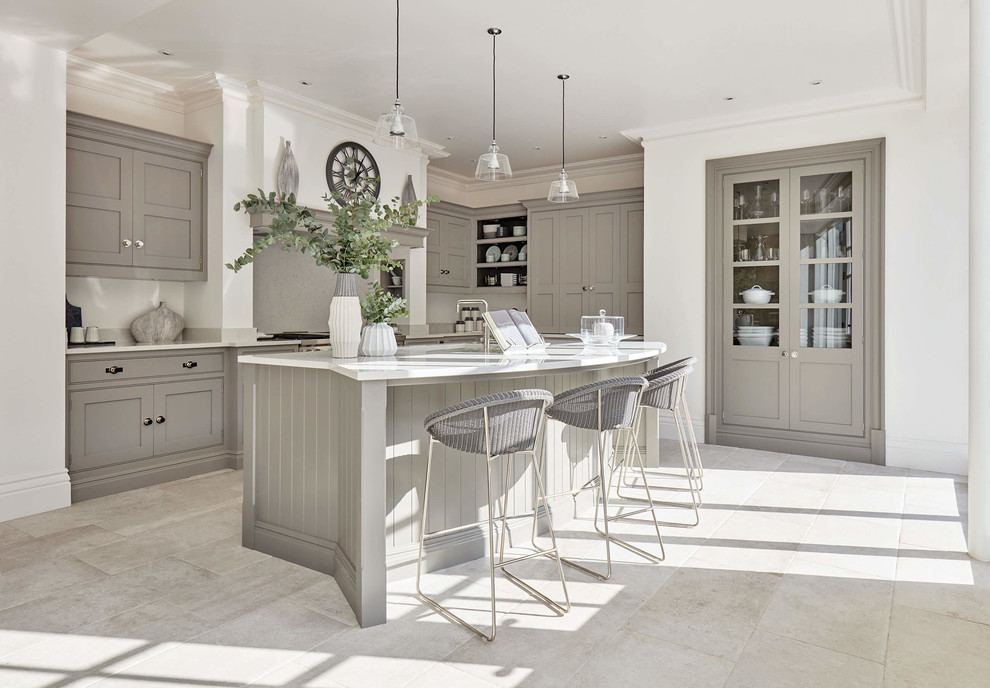 Kitchen - large transitional l-shaped porcelain tile and beige floor kitchen idea in Cambridgeshire with shaker cabinets, gray cabinets, quartzite countertops, an island and white countertops