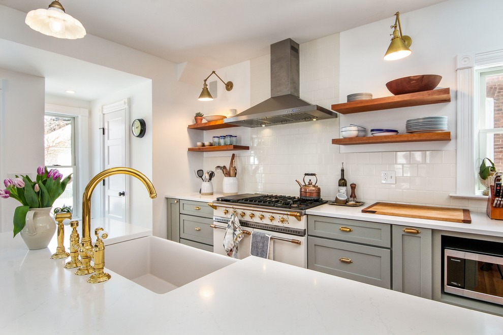 Grey Shaker Kitchen with Cherry Open Shelves - Transitional - Kitchen ...