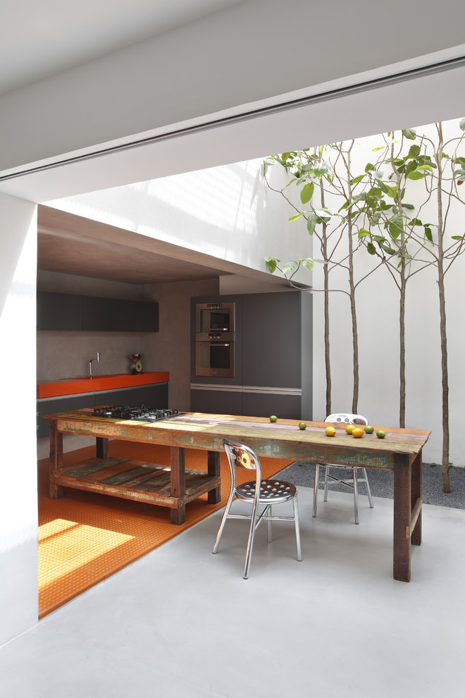 Aménagement d'une cuisine américaine moderne avec des portes de placard grises, un électroménager en acier inoxydable, un placard à porte plane et un sol orange.