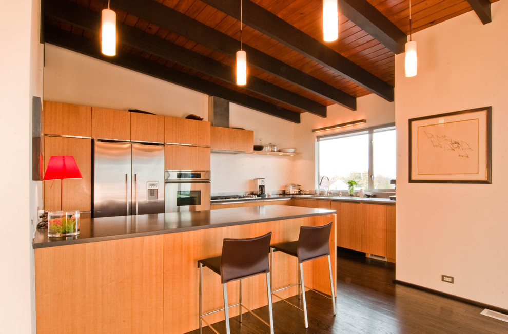 Свежая идея для дизайна: угловая кухня в стиле модернизм с техникой из нержавеющей стали и барной стойкой - отличное фото интерьера
