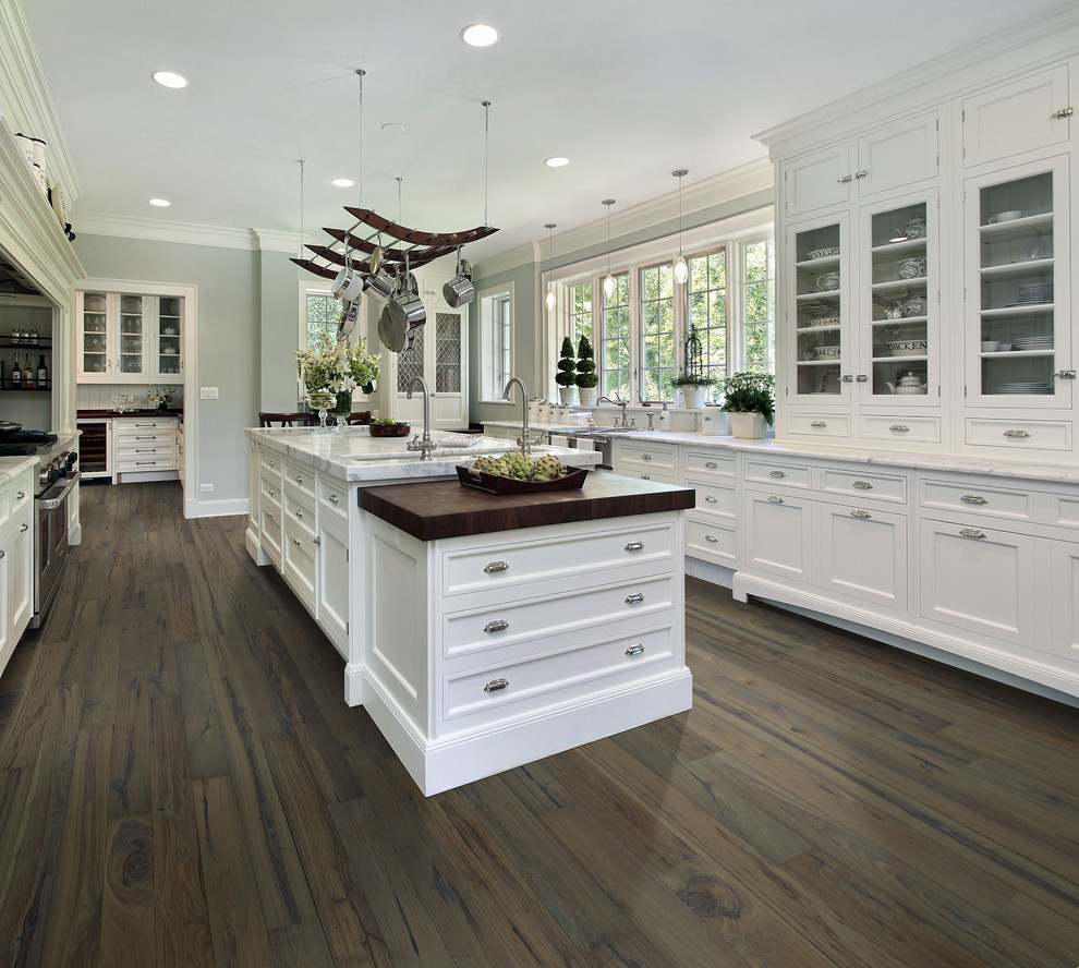 Inspiration for a mid-sized modern galley dark wood floor eat-in kitchen remodel in Seattle with a double-bowl sink, glass-front cabinets, white cabinets, marble countertops, beige backsplash, stainless steel appliances and an island