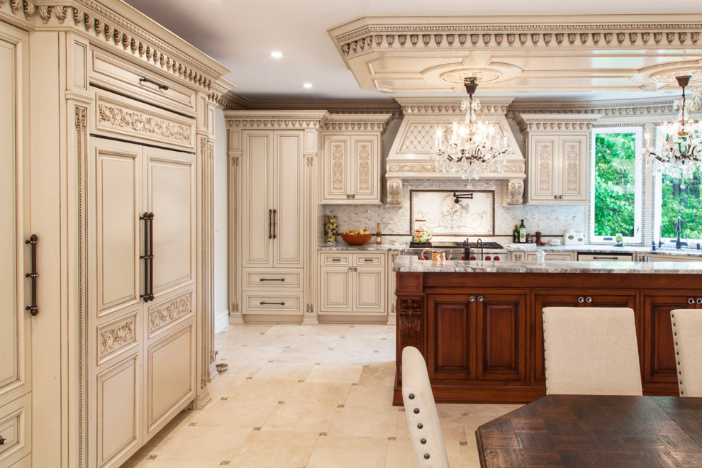 Design ideas for a large classic u-shaped kitchen/diner in New York with a built-in sink, shaker cabinets, beige cabinets, engineered stone countertops, grey splashback, engineered quartz splashback, integrated appliances, an island, beige floors, beige worktops and a coffered ceiling.