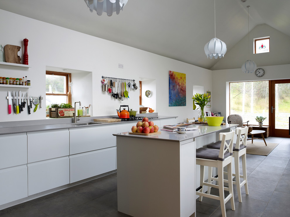 Пример оригинального дизайна: параллельная кухня-гостиная в современном стиле с врезной мойкой, плоскими фасадами, белыми фасадами и островом