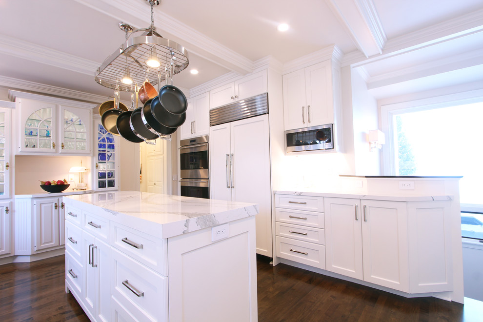 Hanging Microwave Next To Paneled Refrigerator Traditional Kitchen