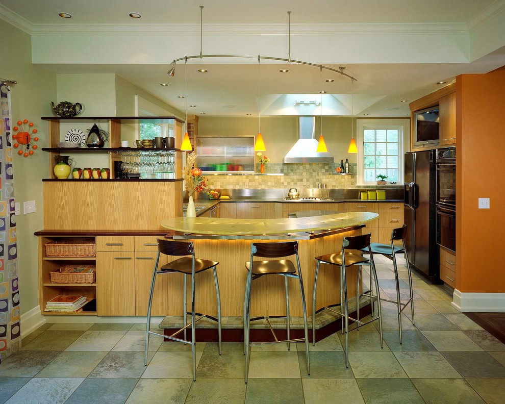 Eat-in kitchen - large contemporary l-shaped eat-in kitchen idea in Other with flat-panel cabinets, light wood cabinets, an undermount sink, beige backsplash, ceramic backsplash, stainless steel appliances and an island