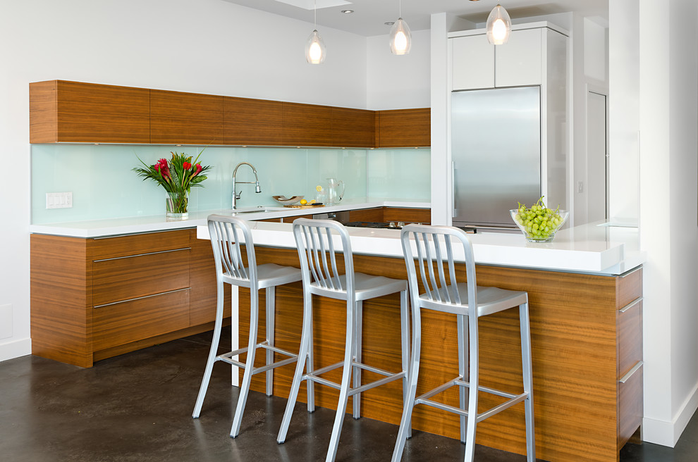 Immagine di una cucina design con lavello sottopiano, ante lisce, ante in legno scuro, elettrodomestici in acciaio inossidabile e paraspruzzi con lastra di vetro