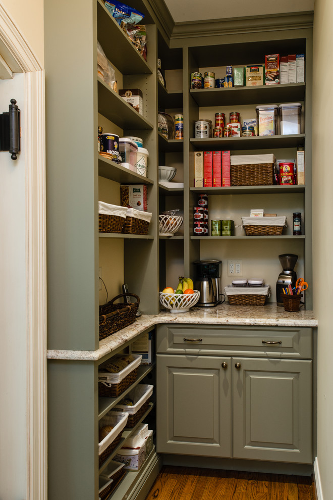 Modelo de cocina clásica con armarios abiertos, puertas de armario verdes y suelo de madera oscura