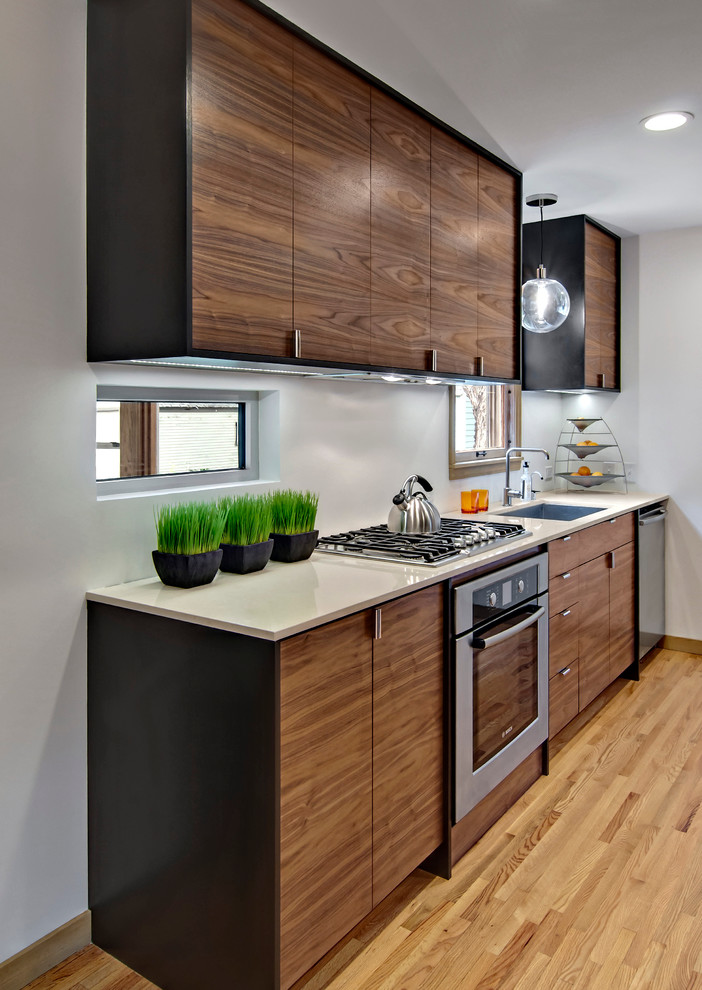 Photo of a contemporary kitchen in Minneapolis with flat-panel cabinets.