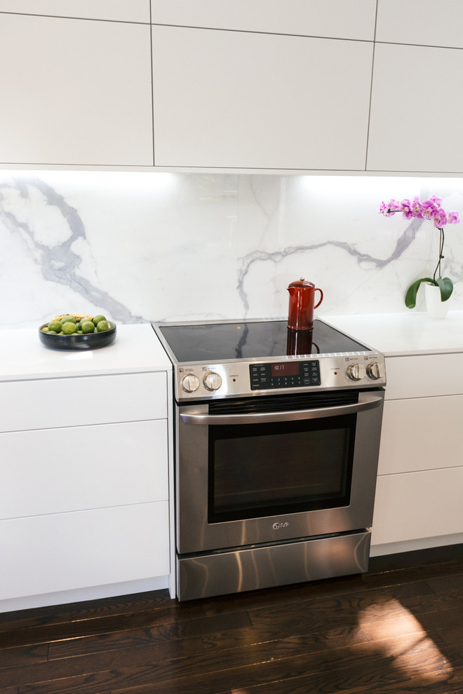 This is an example of a medium sized scandinavian galley kitchen/diner in Toronto with a submerged sink, flat-panel cabinets, white cabinets, white splashback, marble splashback, stainless steel appliances, dark hardwood flooring and brown floors.