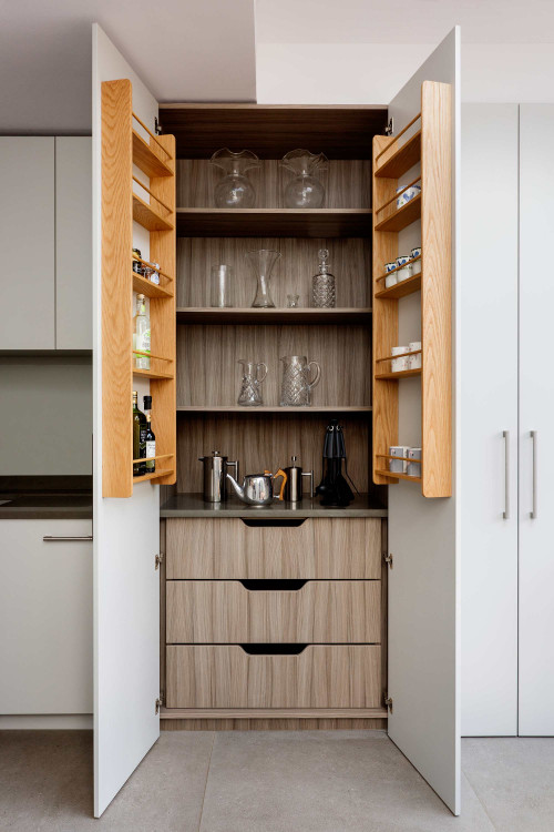 Sneak a Peek: Hidden Coffee Station Behind Gray Flat Panel Cabinets - Kitchen Coffee Bar Ideas