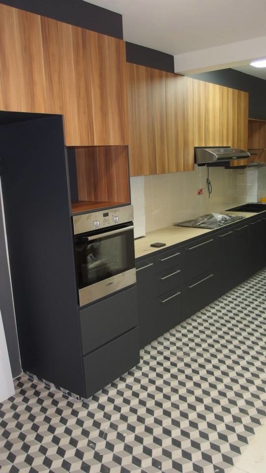 Design ideas for a medium sized scandinavian kitchen in Singapore with a built-in sink, medium wood cabinets, granite worktops, glass sheet splashback and ceramic flooring.