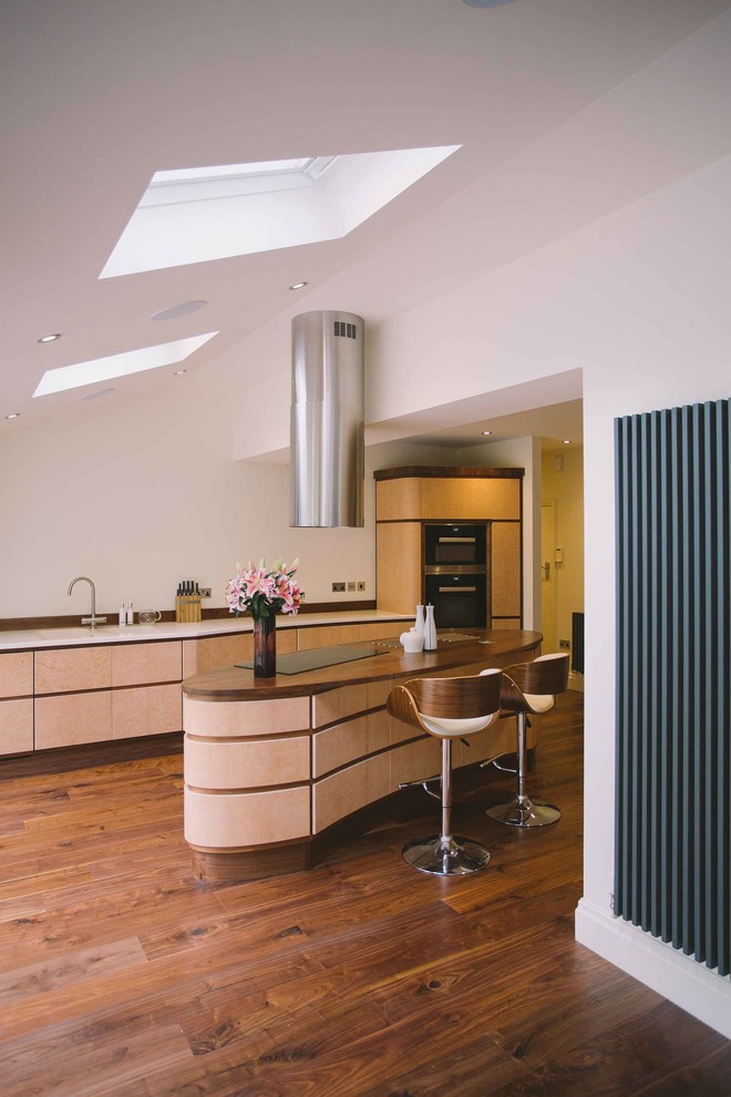Mittelgroße Moderne Küche mit Kücheninsel, flächenbündigen Schrankfronten, hellen Holzschränken und dunklem Holzboden in Sonstige