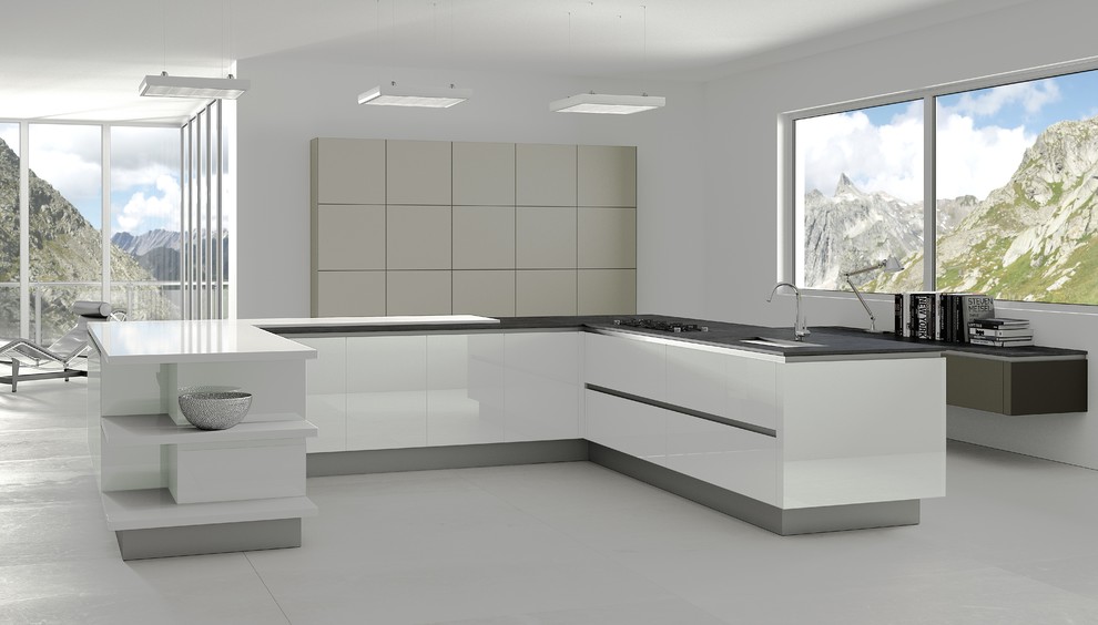 Design ideas for a large contemporary single-wall open plan kitchen in Cambridgeshire with an integrated sink, glass-front cabinets, light wood cabinets, quartz worktops, multi-coloured splashback, mirror splashback, black appliances, porcelain flooring and an island.