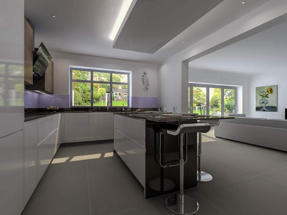 Photo of a large contemporary l-shaped kitchen/diner in London with a single-bowl sink, flat-panel cabinets, brown cabinets, quartz worktops, metallic splashback, glass sheet splashback, black appliances, porcelain flooring, an island and grey floors.