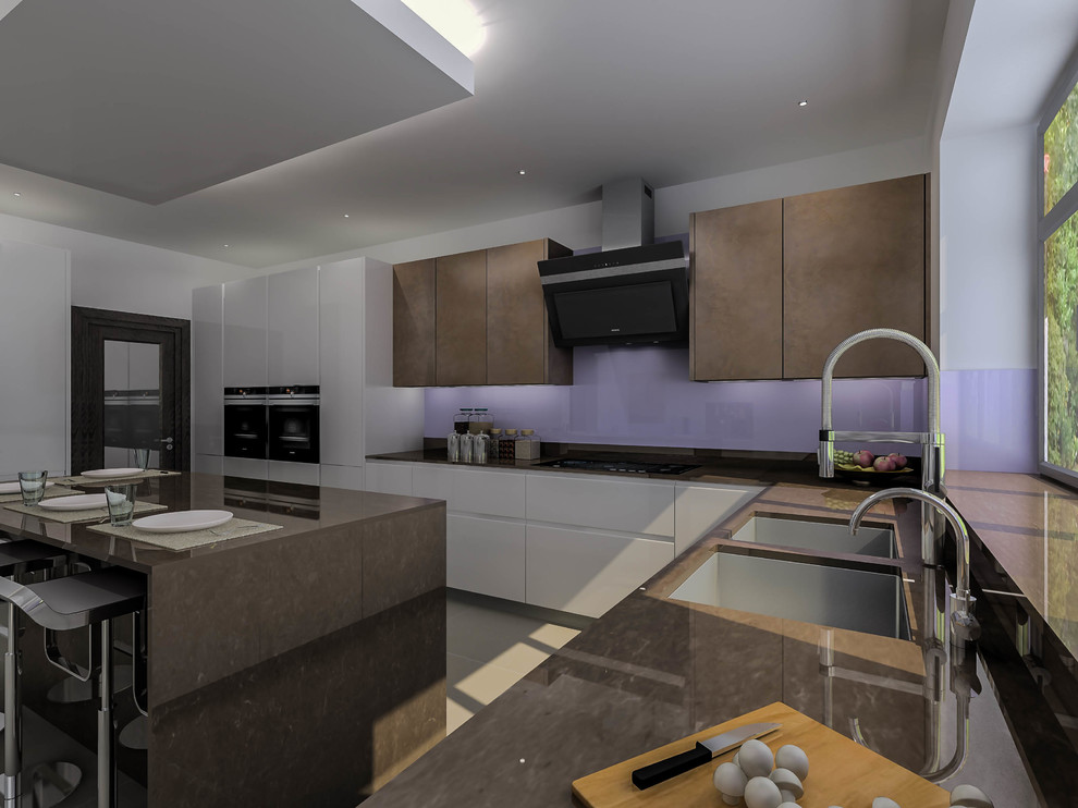 Inspiration for a large contemporary l-shaped kitchen/diner in London with a single-bowl sink, flat-panel cabinets, brown cabinets, quartz worktops, metallic splashback, glass sheet splashback, black appliances, porcelain flooring, an island and grey floors.