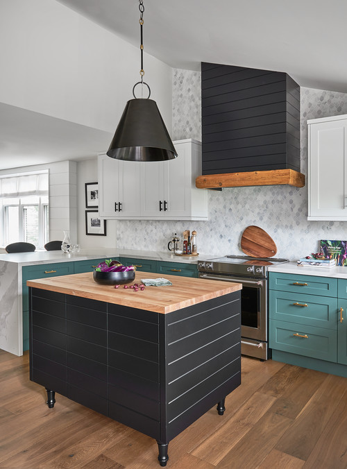 Green and White Elegance: Modern Farmhouse Kitchen Ideas with Black Range Hood