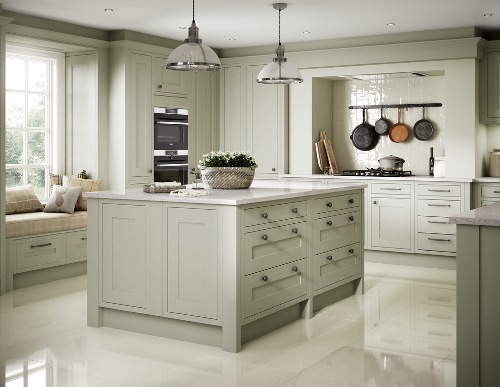 Design ideas for a large classic u-shaped enclosed kitchen in Other with a double-bowl sink, shaker cabinets, green cabinets, granite worktops, white splashback, ceramic splashback, integrated appliances, porcelain flooring, an island and white floors.
