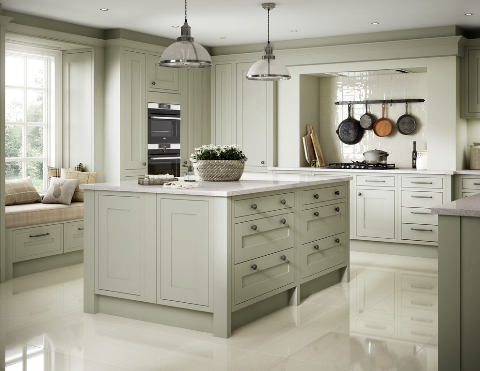 Heritage Sage Classic Island Kitchen With Window Seat Traditional Kitchen Other By Wickes Houzz