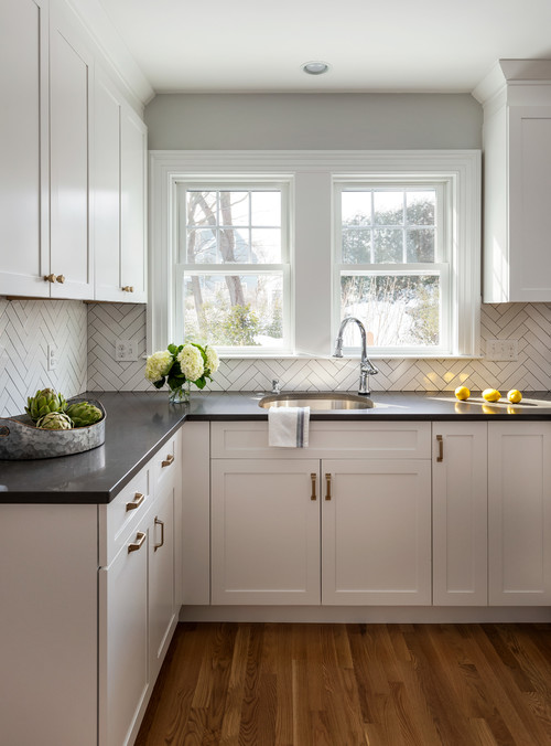 herringbone backsplash white kitchen
