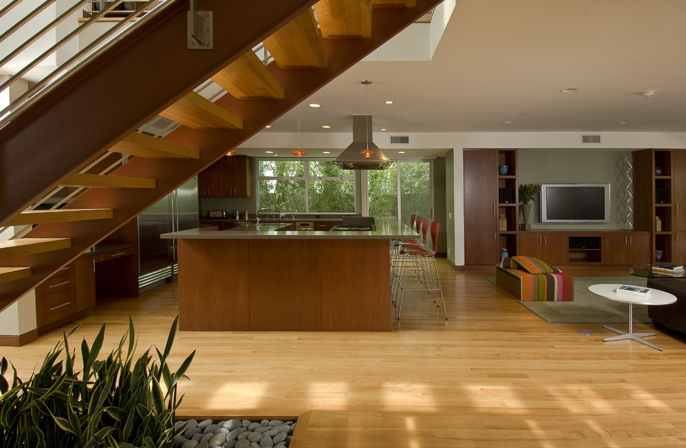 Пример оригинального дизайна: кухня в современном стиле с техникой из нержавеющей стали и диваном