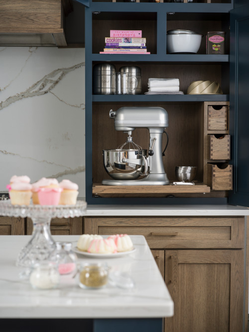 Blue Modern Farmhouse Kitchen with Storage Cabinet Solutions for Baking Station