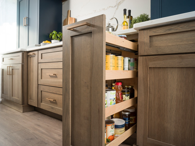 Hickory & Blue Modern Farmhouse Kitchen with Pull-Out Pantry Cabinet