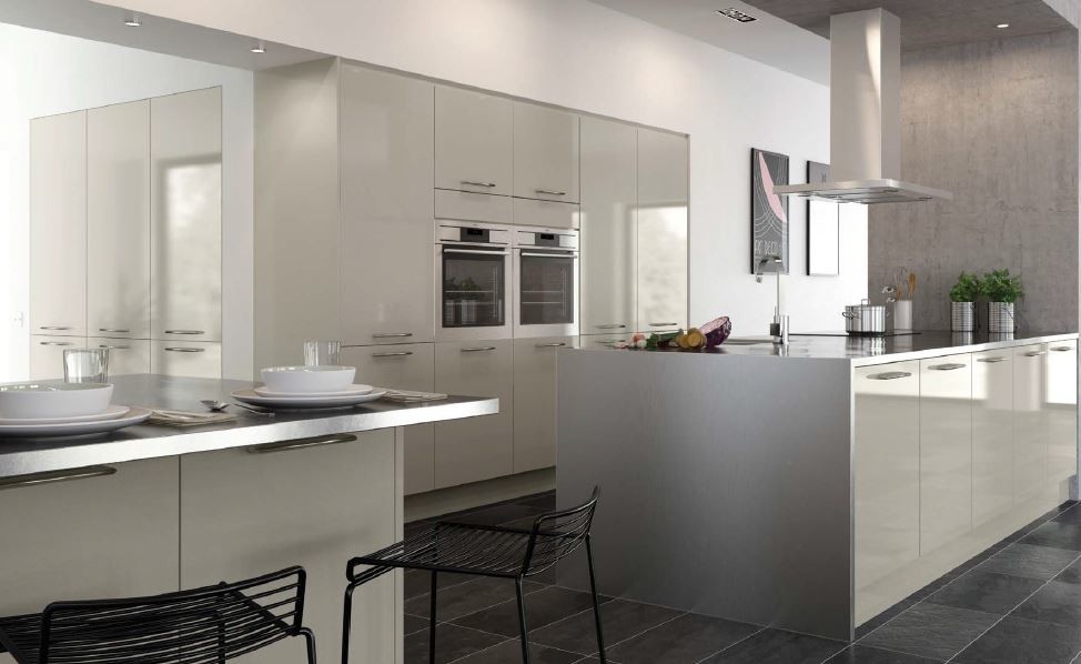 Inspiration for a large contemporary open plan kitchen in Cheshire with a submerged sink, flat-panel cabinets, grey cabinets, stainless steel worktops, integrated appliances, cement flooring and multiple islands.