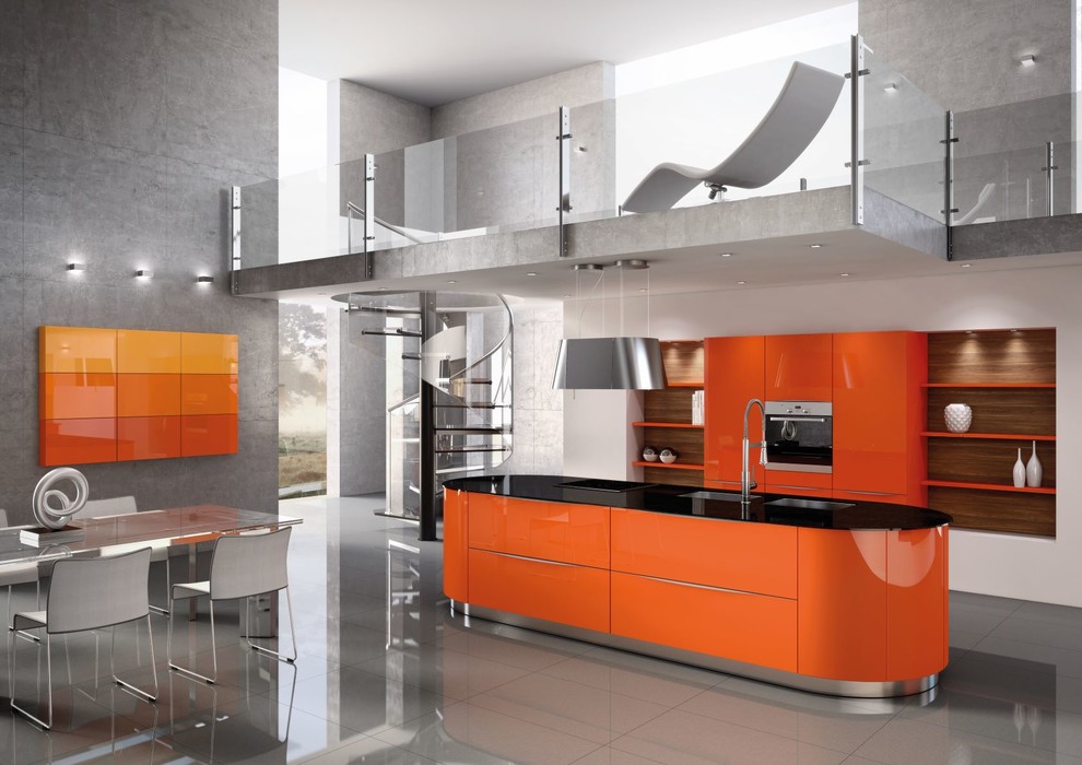 Large modern u-shaped open plan kitchen in Other with flat-panel cabinets, orange cabinets, an island and black worktops.