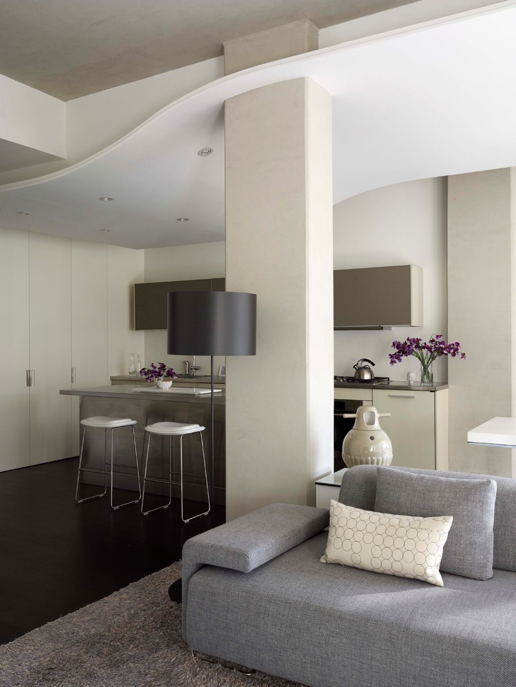 Exemple d'une cuisine ouverte parallèle moderne avec un placard à porte plane, des portes de placard grises et un sol noir.