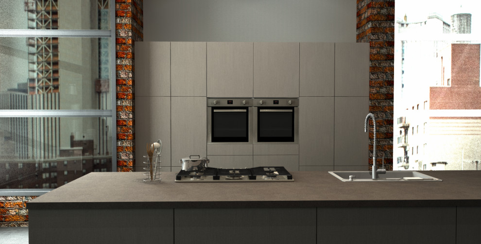 Inspiration för ett mellanstort industriellt grå grått kök, med en nedsänkt diskho, släta luckor, skåp i rostfritt stål, granitbänkskiva, rostfria vitvaror, laminatgolv, en köksö och grått golv
