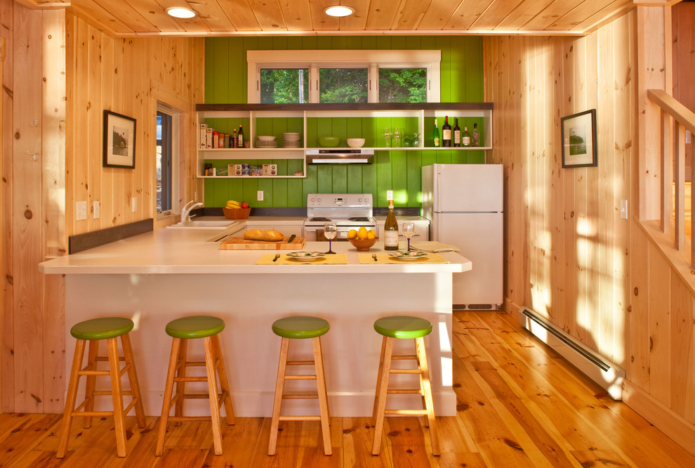 Mountain style u-shaped medium tone wood floor eat-in kitchen photo in Portland Maine with white appliances, a drop-in sink, open cabinets, white cabinets and a peninsula