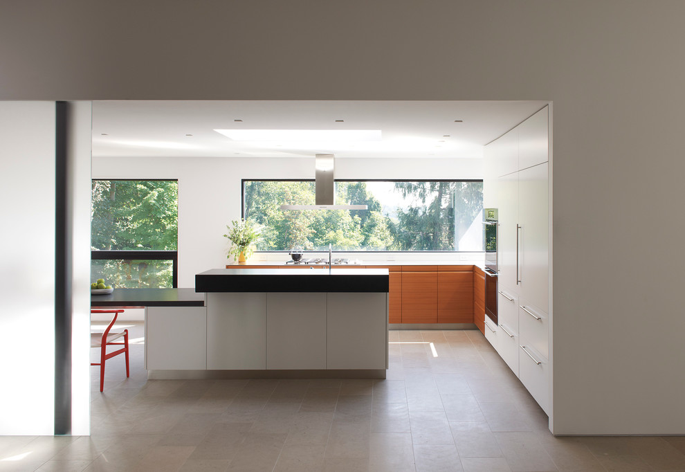 Ejemplo de cocinas en L minimalista con armarios con paneles lisos, puertas de armario blancas, una isla y electrodomésticos de acero inoxidable