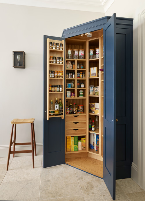 Unique Pantry Ideas: Corner Dark Blue Pantry Cabinet with Wood Details