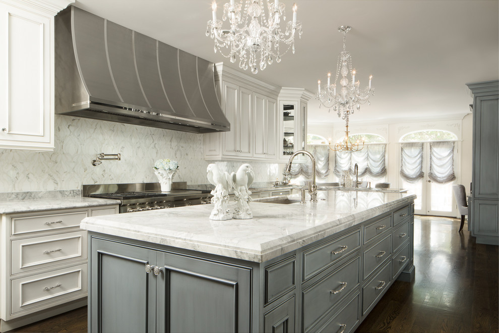 Example of a huge classic l-shaped dark wood floor and brown floor eat-in kitchen design in Chicago with an undermount sink, beaded inset cabinets, multicolored backsplash, stainless steel appliances, an island, gray cabinets, quartzite countertops and stone tile backsplash