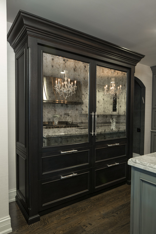 Inspiration for a huge timeless l-shaped dark wood floor and brown floor eat-in kitchen remodel in Chicago with an undermount sink, beaded inset cabinets, gray cabinets, quartzite countertops, multicolored backsplash, stone tile backsplash, stainless steel appliances and an island