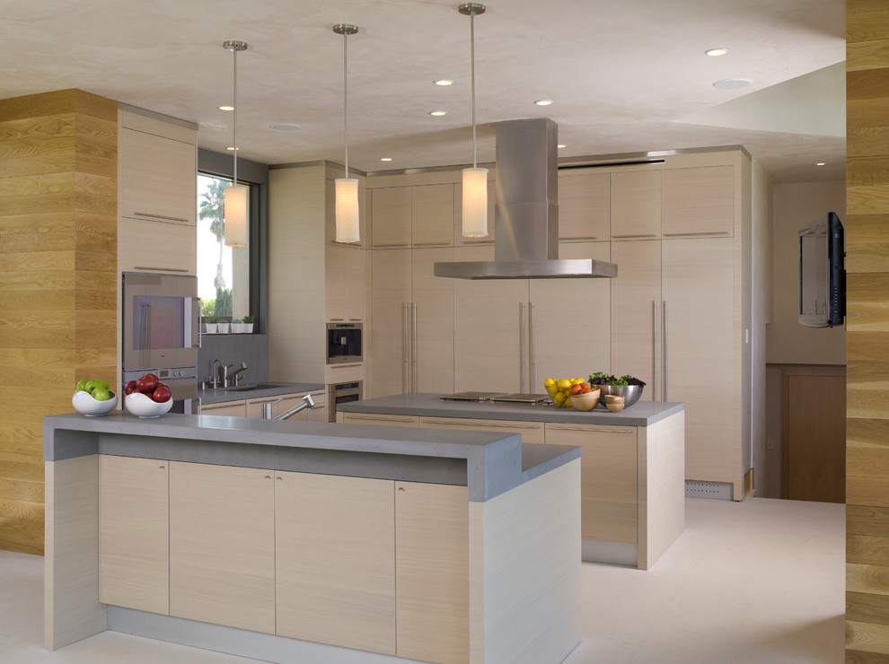 Imagen de cocinas en U actual con electrodomésticos de acero inoxidable, armarios con paneles lisos y puertas de armario de madera clara